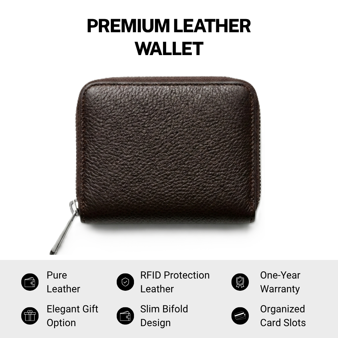 Unisex Brown Leather Wallet with Zipper