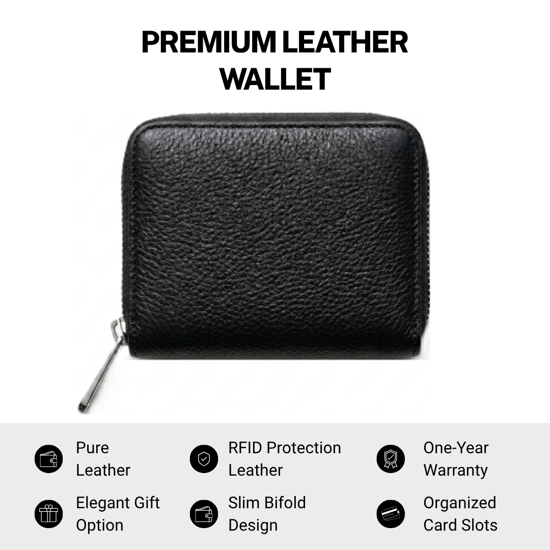 Unisex Black Leather Wallet with Zipper